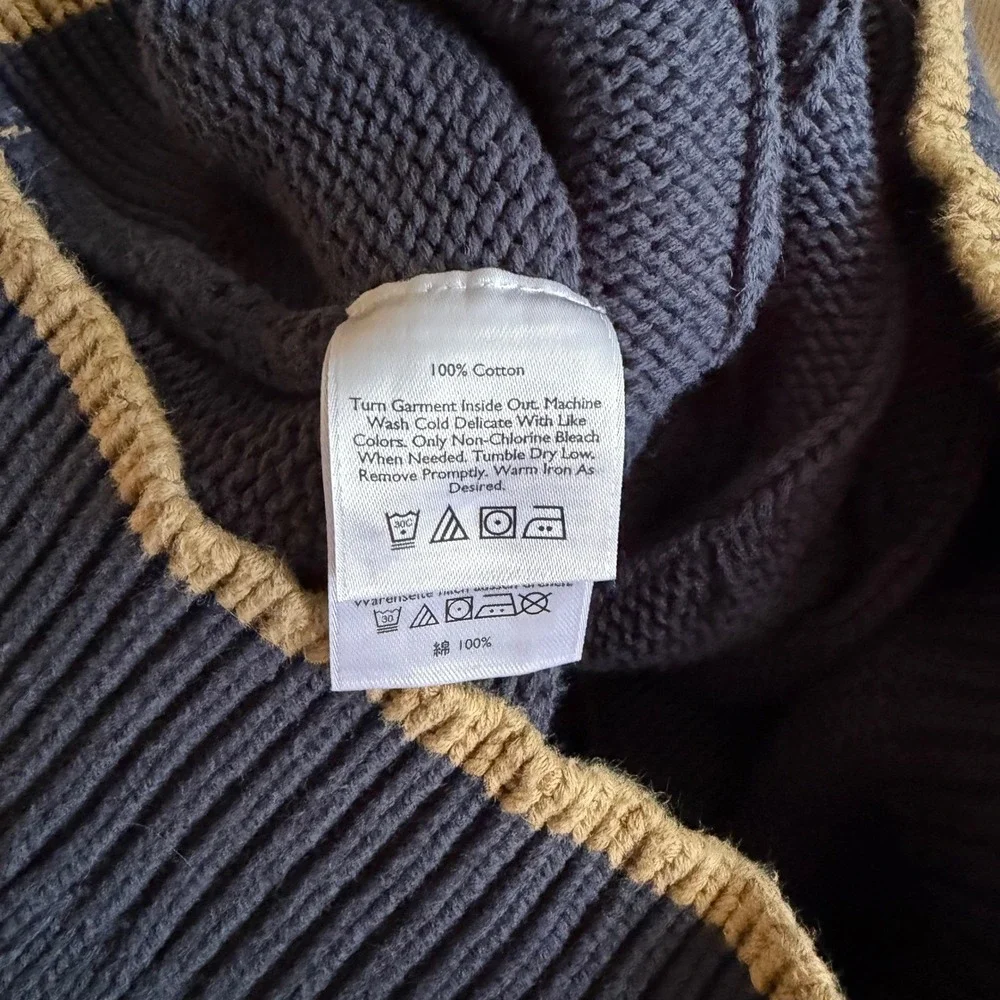 Eddie‎ Bauer Mens Navy Blue Cable Knit Cotton Mock Neck Button Sweater Large